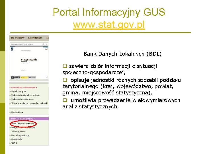 Portal Informacyjny GUS www. stat. gov. pl Bank Danych Lokalnych (BDL) q zawiera zbiór