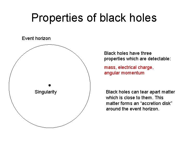 Properties of black holes Event horizon Black holes have three properties which are detectable: