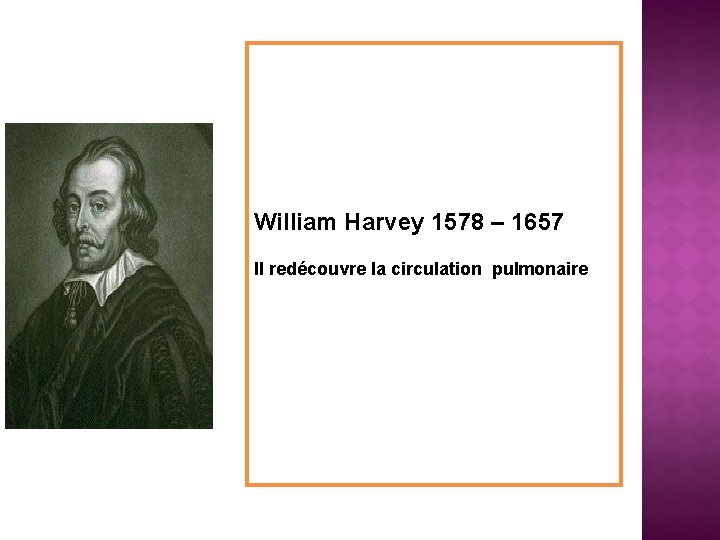 William Harvey 1578 – 1657 Il redécouvre la circulation pulmonaire 