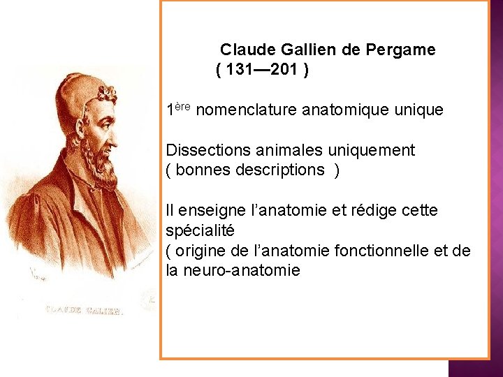 Claude Gallien de Pergame ( 131— 201 ) 1ère nomenclature anatomique unique Dissections animales