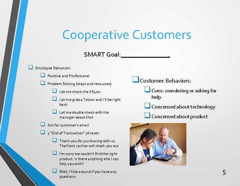 Cooperative Customers SMART Goal: q . Employee Behaviors: q q Positive and Professional Problem