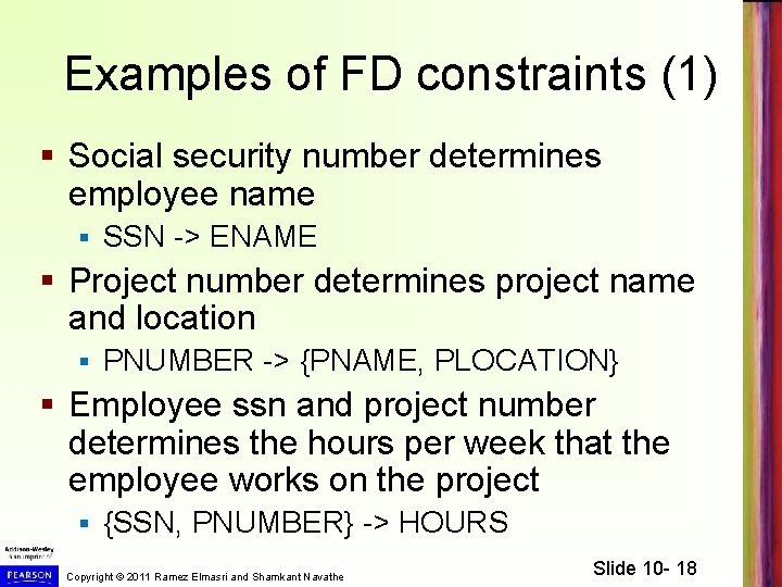 Examples of FD constraints (1) § Social security number determines employee name § SSN