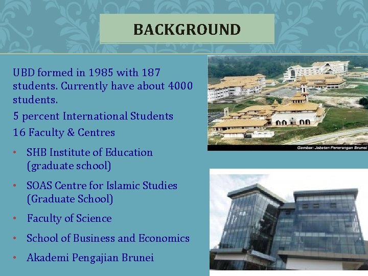 BACKGROUND UBD formed in 1985 with 187 students. Currently have about 4000 students. 5