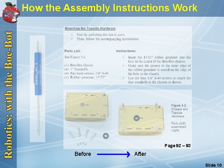 How the Assembly Instructions Work Page 92 – 93 Before After Slide 10 