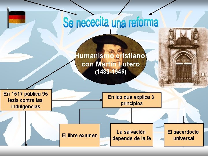Humanismo cristiano con Martin Lutero (1483 -1546) En 1517 pública 95 tesis contra las