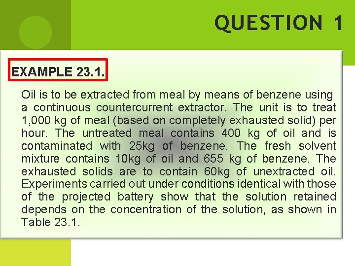 QUESTION 1 EXAMPLE 23. 1. Oil is to be extracted from meal by means QUESTION 1 EXAMPLE 23. 1. Oil is to be extracted from meal by means
