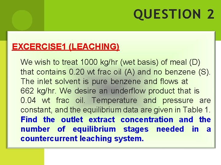 QUESTION 2 EXCERCISE 1 (LEACHING) We wish to treat 1000 kg/hr (wet basis) of