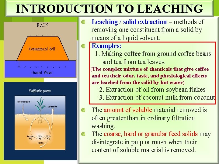 INTRODUCTION TO LEACHING Leaching / solid extraction – methods of removing one constituent from INTRODUCTION TO LEACHING Leaching / solid extraction – methods of removing one constituent from