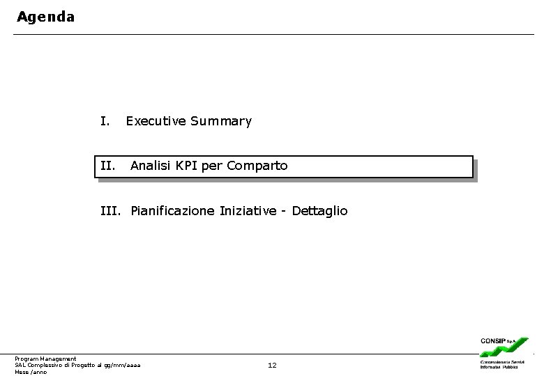 Agenda I. II. Executive Summary Analisi KPI per Comparto III. Pianificazione Iniziative - Dettaglio