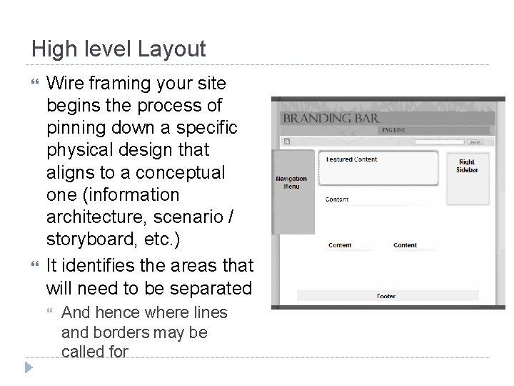 High level Layout Wire framing your site begins the process of pinning down a