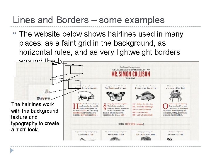 Lines and Borders – some examples The website below shows hairlines used in many