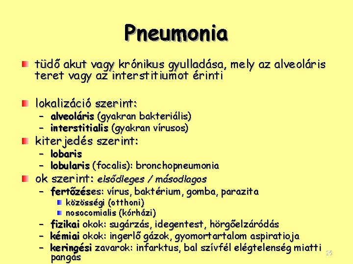 Pneumonia tüdő akut vagy krónikus gyulladása, mely az alveoláris teret vagy az interstitiumot érinti