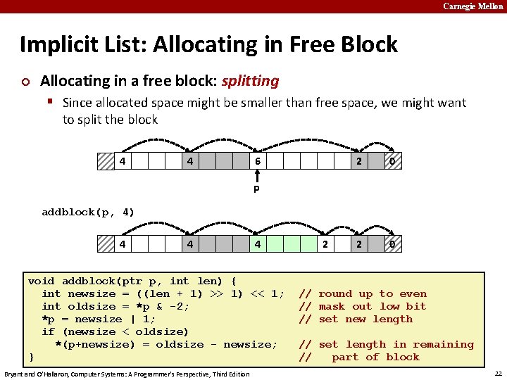 Carnegie Mellon Implicit List: Allocating in Free Block ¢ Allocating in a free block: