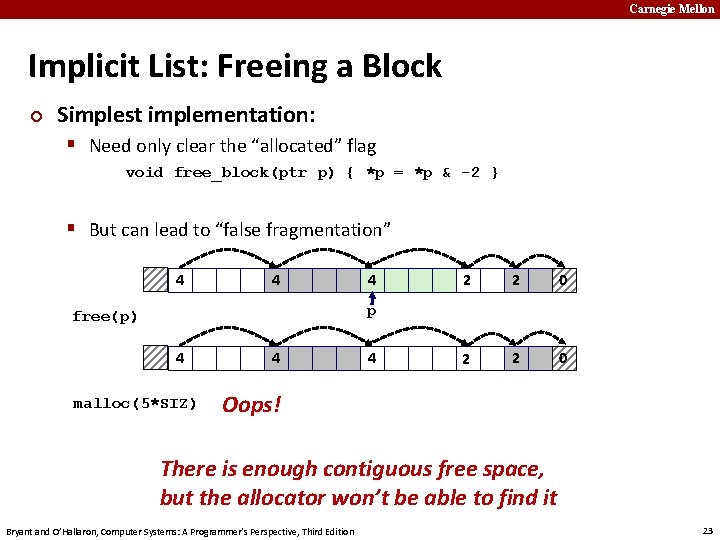 Carnegie Mellon Implicit List: Freeing a Block ¢ Simplest implementation: § Need only clear