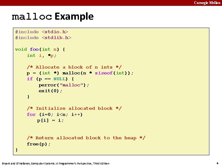 Carnegie Mellon malloc Example #include <stdio. h> #include <stdlib. h> void foo(int n) {