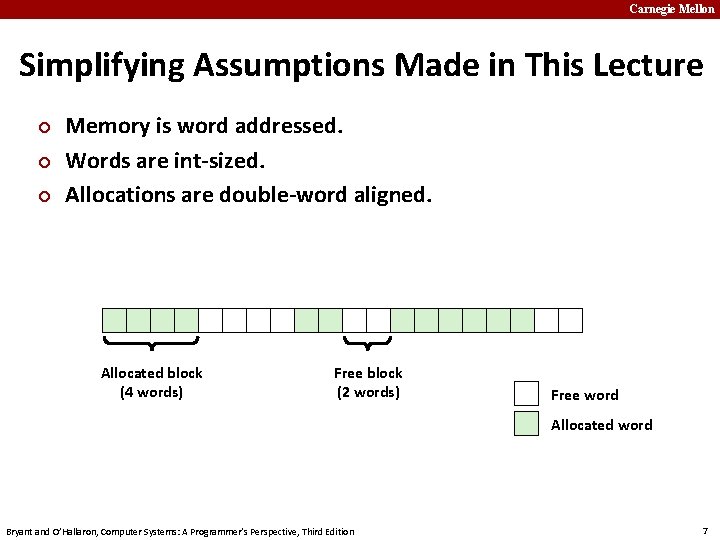 Carnegie Mellon Simplifying Assumptions Made in This Lecture ¢ ¢ ¢ Memory is word