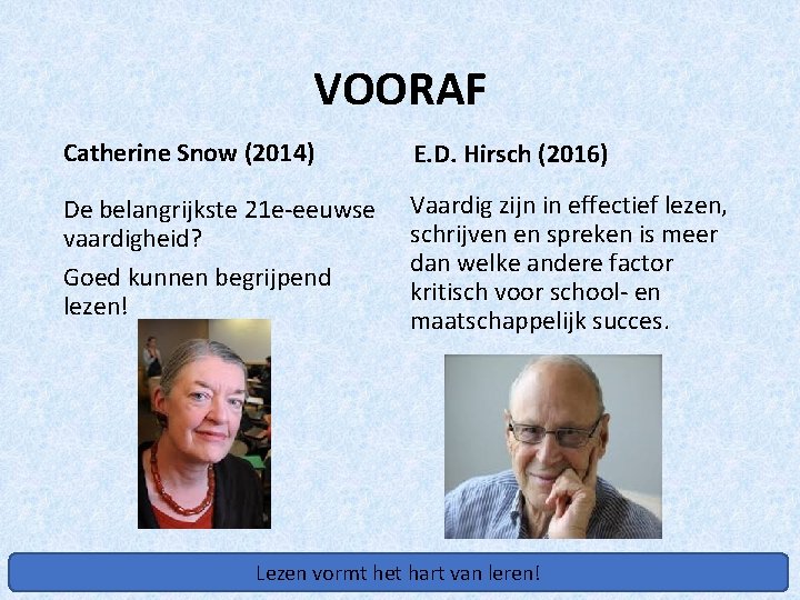 VOORAF Catherine Snow (2014) E. D. Hirsch (2016) De belangrijkste 21 e-eeuwse vaardigheid? Goed
