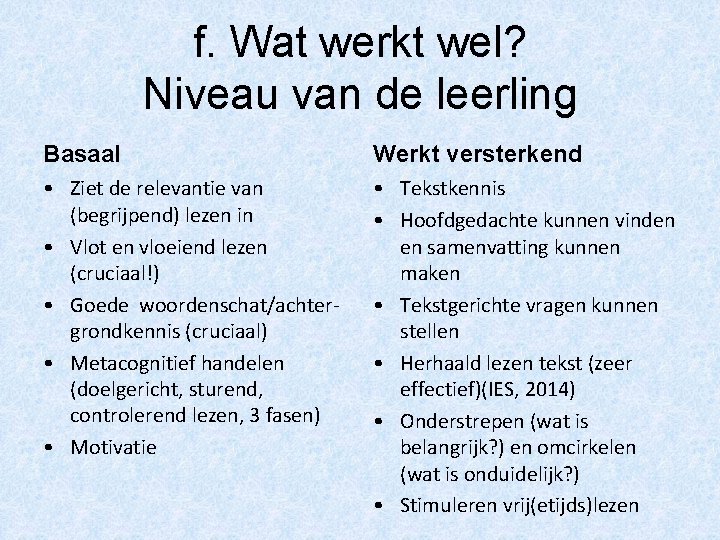 f. Wat werkt wel? Niveau van de leerling Basaal Werkt versterkend • Ziet de