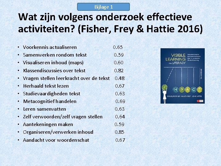 Bijlage 1 Wat zijn volgens onderzoek effectieve activiteiten? (Fisher, Frey & Hattie 2016) •