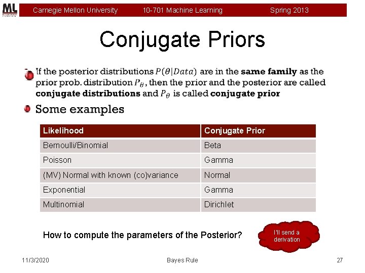 Carnegie Mellon University 10 -701 Machine Learning Spring 2013 Conjugate Priors Likelihood Conjugate Prior