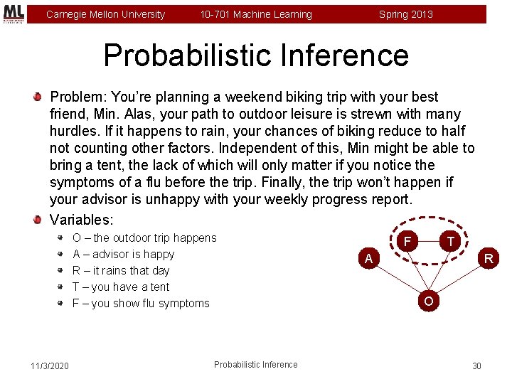 Carnegie Mellon University 10 -701 Machine Learning Spring 2013 Probabilistic Inference Problem: You’re planning