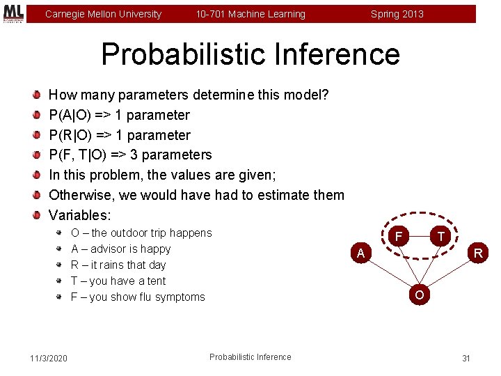 Carnegie Mellon University 10 -701 Machine Learning Spring 2013 Probabilistic Inference How many parameters