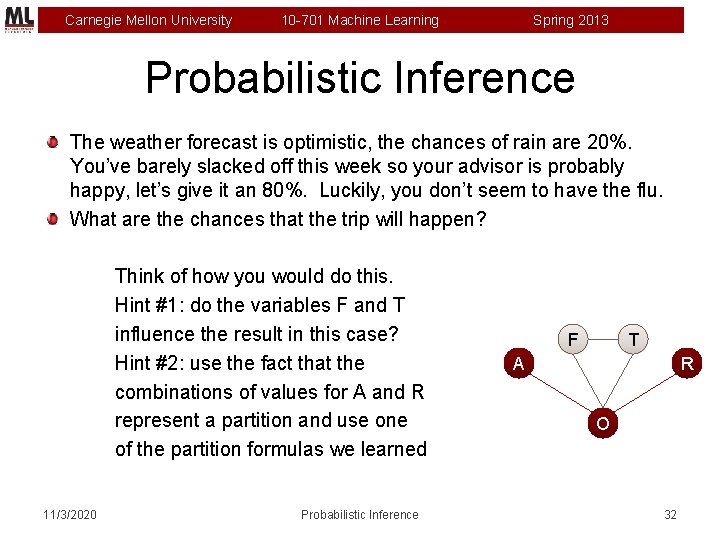 Carnegie Mellon University 10 -701 Machine Learning Spring 2013 Probabilistic Inference The weather forecast