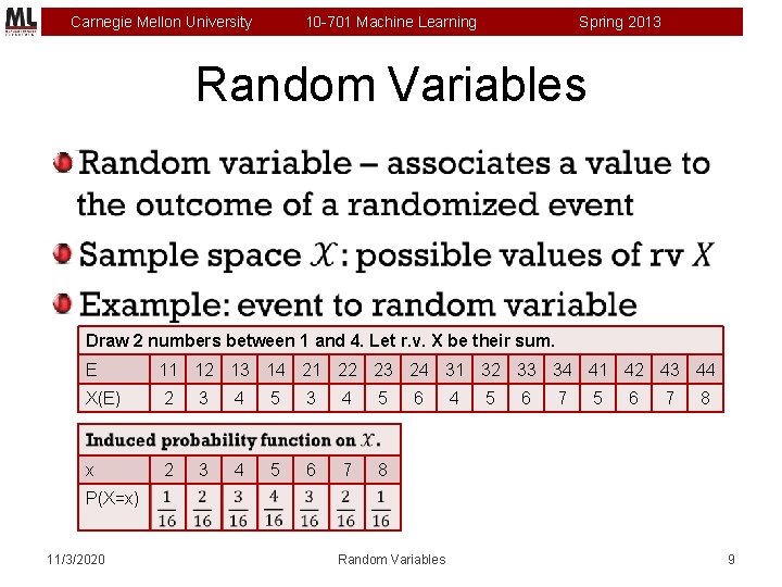 Carnegie Mellon University 10 -701 Machine Learning Spring 2013 Random Variables Draw 2 numbers