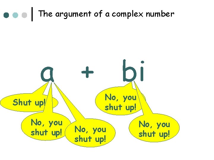 The argument of a complex number a + bi Shut up! No, you shut