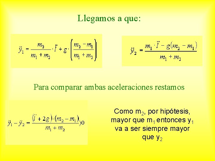 Llegamos a que: Para comparar ambas aceleraciones restamos Como m 2, por hipótesis, mayor