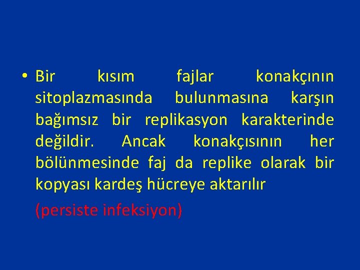  • Bir kısım fajlar konakçının sitoplazmasında bulunmasına karşın bağımsız bir replikasyon karakterinde değildir.