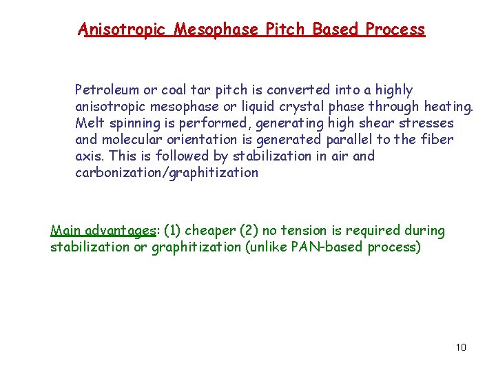 Anisotropic Mesophase Pitch Based Process Petroleum or coal tar pitch is converted into a