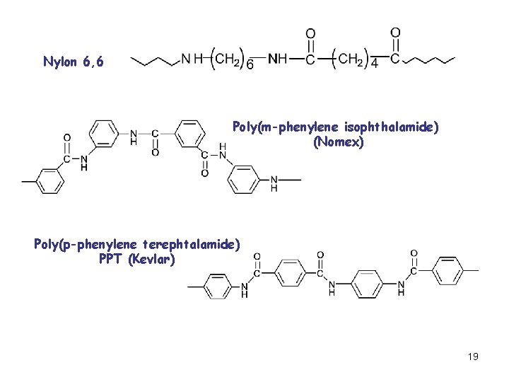 Nylon 6, 6 Poly(m-phenylene isophthalamide) (Nomex) Poly(p-phenylene terephtalamide) PPT (Kevlar) 19 