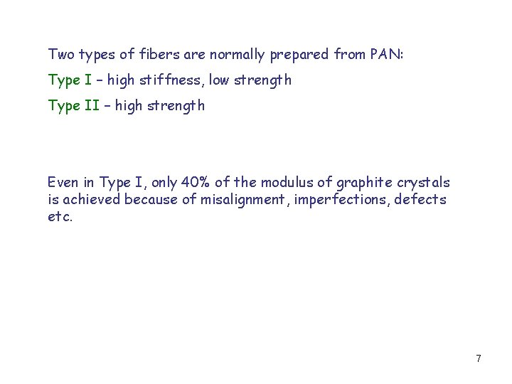 Two types of fibers are normally prepared from PAN: Type I – high stiffness,