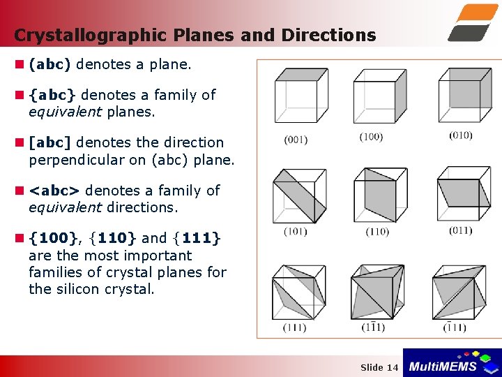 Crystallographic Planes and Directions (abc) denotes a plane. {abc} denotes a family of equivalent