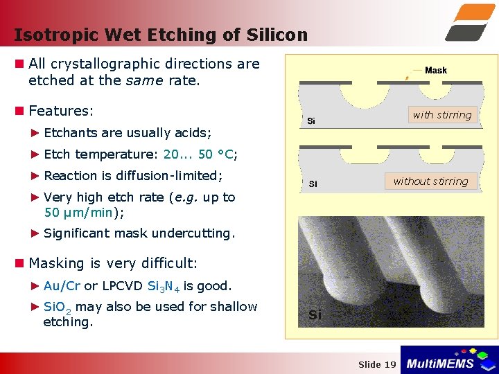 Isotropic Wet Etching of Silicon All crystallographic directions are etched at the same rate.