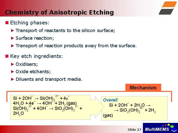 Chemistry of Anisotropic Etching phases: ► Transport of reactants to the silicon surface; ►