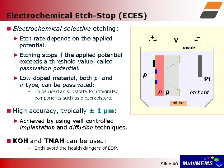 Electrochemical Etch-Stop (ECES) Electrochemical selective etching: ► Etch rate depends on the applied potential.