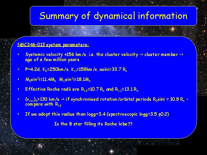 Summary of dynamical information NGC 346 -013 system parameters: • Systemic velocity +156 km/s,