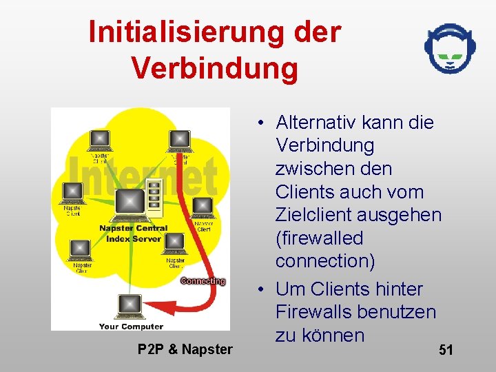 Initialisierung der Verbindung P 2 P & Napster • Alternativ kann die Verbindung zwischen