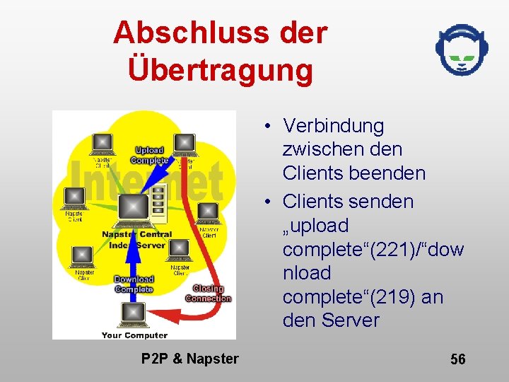 Abschluss der Übertragung • Verbindung zwischen den Clients beenden • Clients senden „upload complete“(221)/“dow