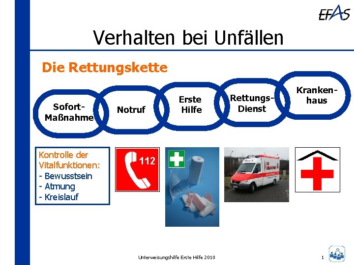 Verhalten bei Unfällen Die Rettungskette Sofort. Maßnahme Kontrolle der Vitalfunktionen: - Bewusstsein - Atmung