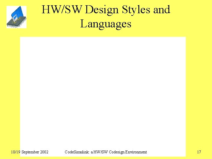 HW/SW Design Styles and Languages 18/19 September 2002 Code. Simulink: a HW/SW Codesign Environment
