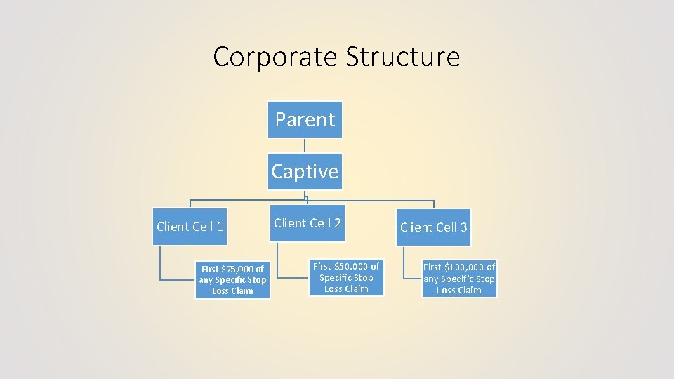 Corporate Structure Parent Captive Client Cell 1 First $75, 000 of any Specific Stop
