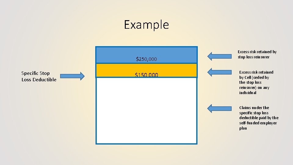 Example $250, 000 Specific Stop Loss Deductible $150, 000 Excess risk retained by stop