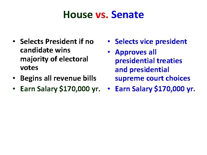 House vs. Senate • Selects President if no • Selects vice president candidate wins