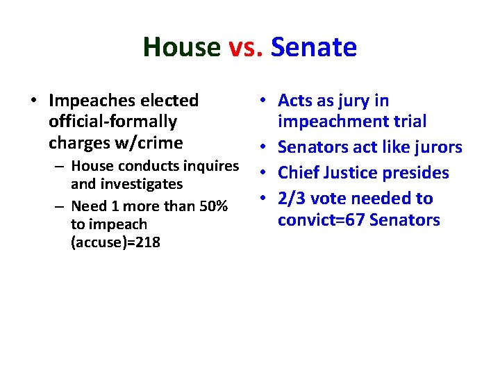 House vs. Senate • Impeaches elected official-formally charges w/crime • Acts as jury in