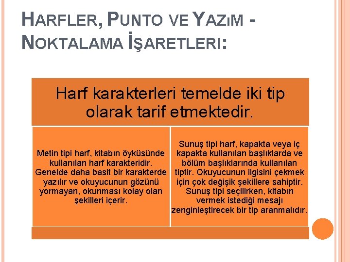 HARFLER, PUNTO VE YAZıM NOKTALAMA İŞARETLERI: Harf karakterleri temelde iki tip olarak tarif etmektedir.