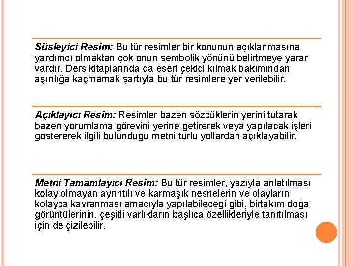 Süsleyici Resim: Bu tür resimler bir konunun açıklanmasına yardımcı olmaktan çok onun sembolik yönünü