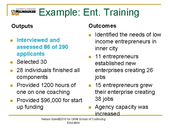 Example: Ent. Training Outcomes Outputs n n n Interviewed and assessed 86 of 290